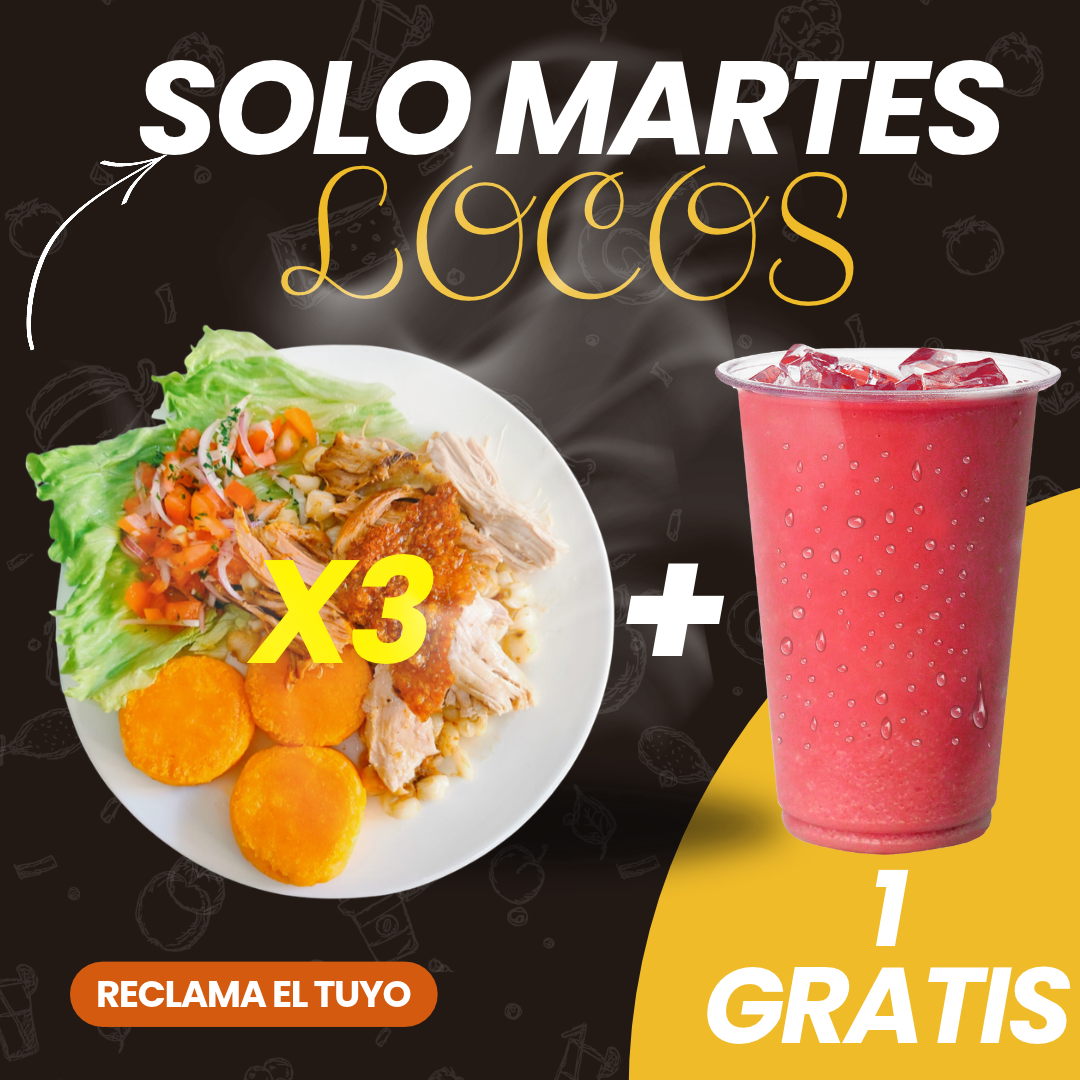 Promoción de martes locos: compra tres platos y recibe un jugo gratis.